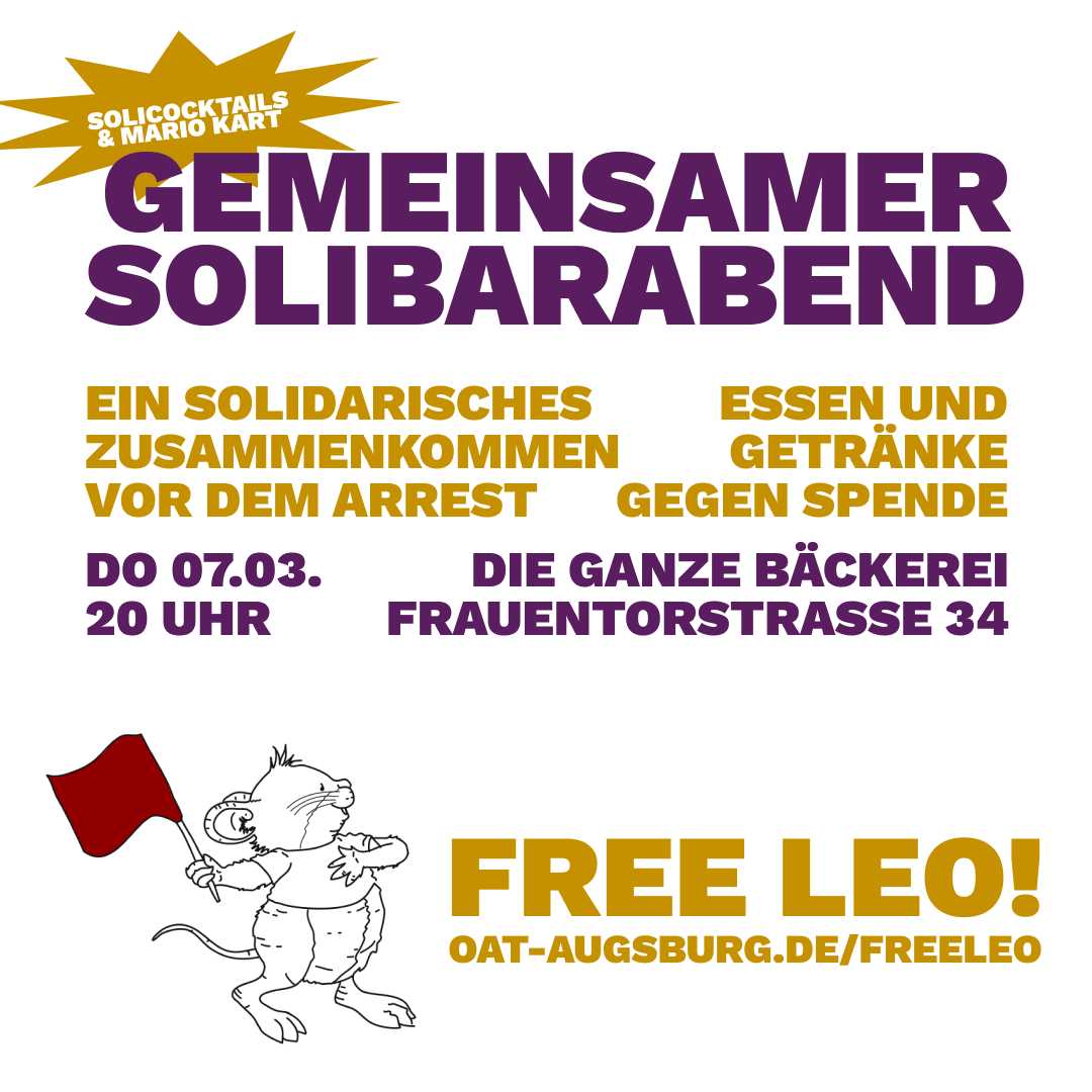 Kommt zum Solibarabend vor dem Arrestantritt unserer Genossin Leo 🚩